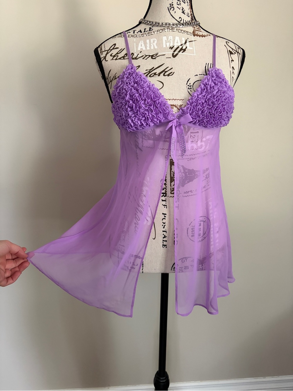 Y2K La Senza Lavender Sheer Mesh Babydoll Ruffle Lingerie Top - Picture 3 of 9